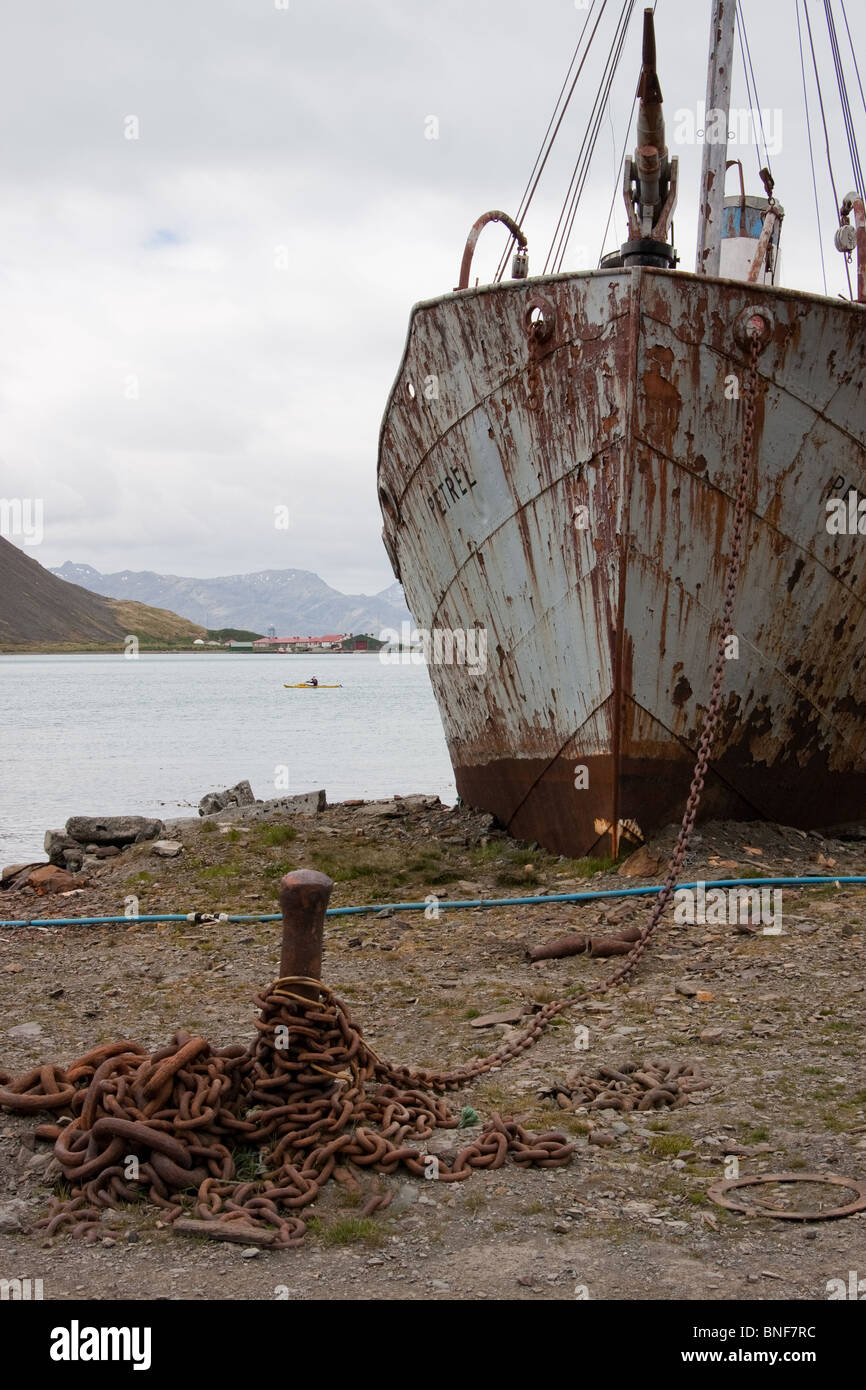 Whaling ship 'Petrel', beached at Grytviken on South Georgia Stock Photo