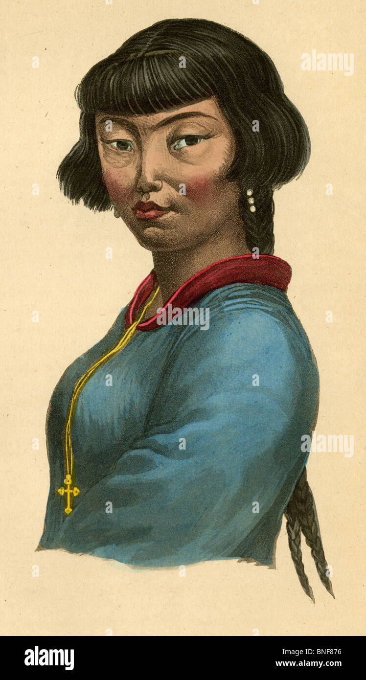1842 hand-colored engraving from Dr. Prichard's Natural History of Man, 'Woman of the Aleutian Islands.' Stock Photo