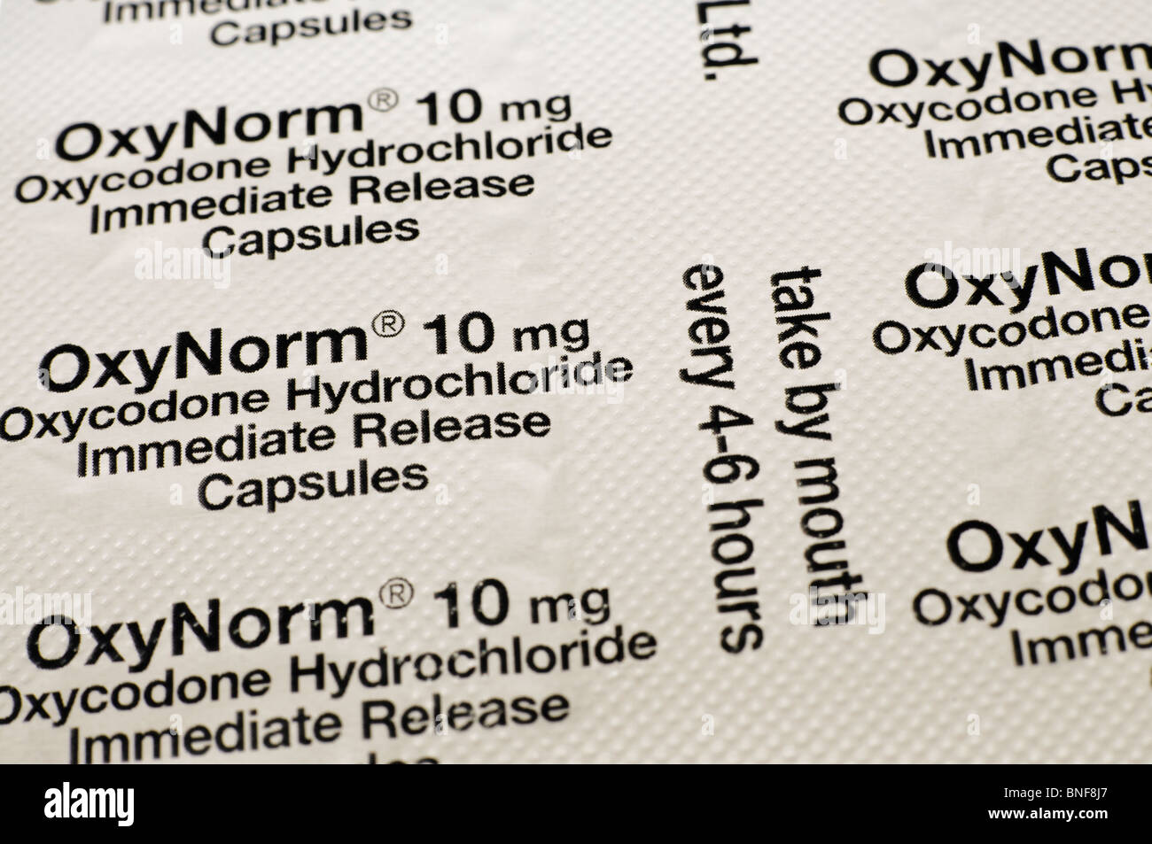 Blister pack containing Oxynorm 10mg, a opioid/morphine based painkiller Stock Photo