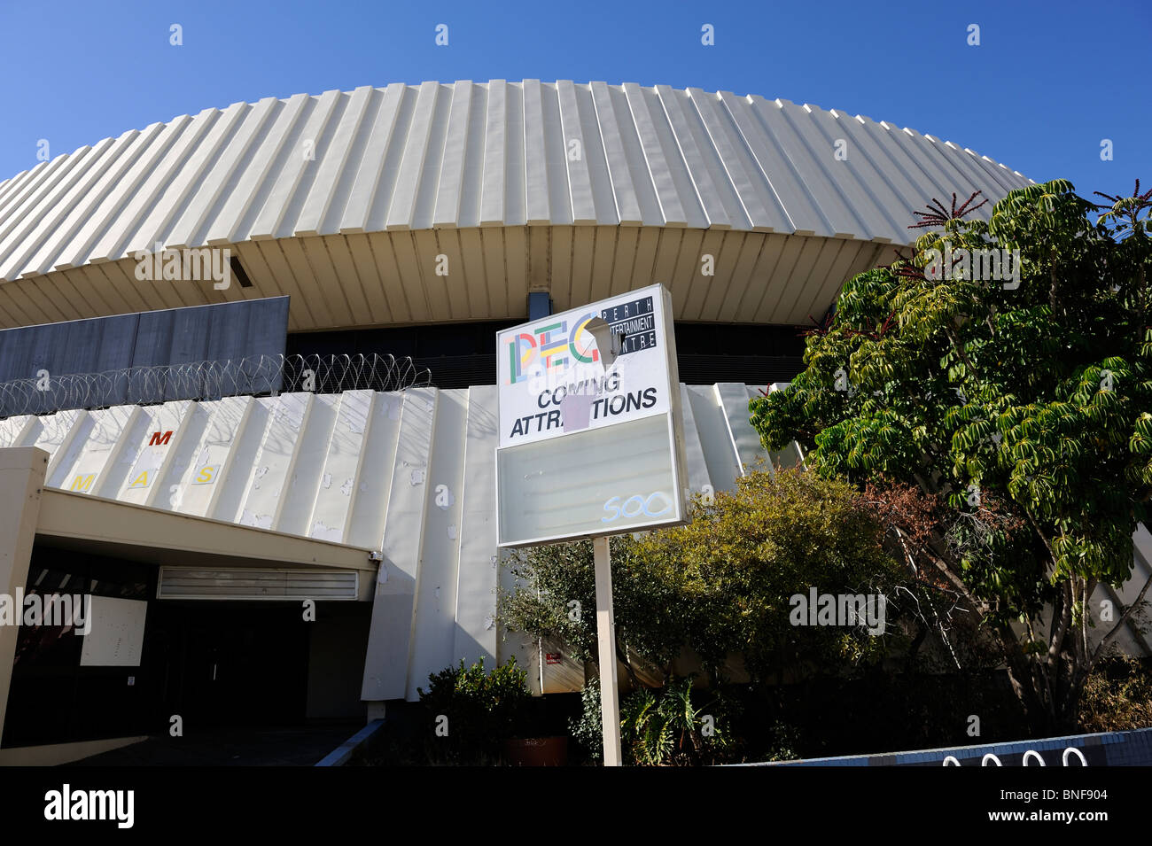 Vandalised sign outside the now demolished Perth Entertainment Centre. Perth, Western Australia Stock Photo