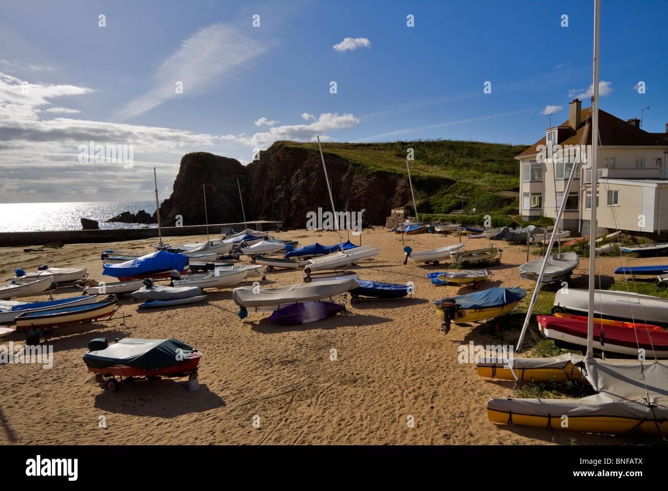 Dinghies drawn up on the beach at Hope Cove, South Hams, Devon Stock ...