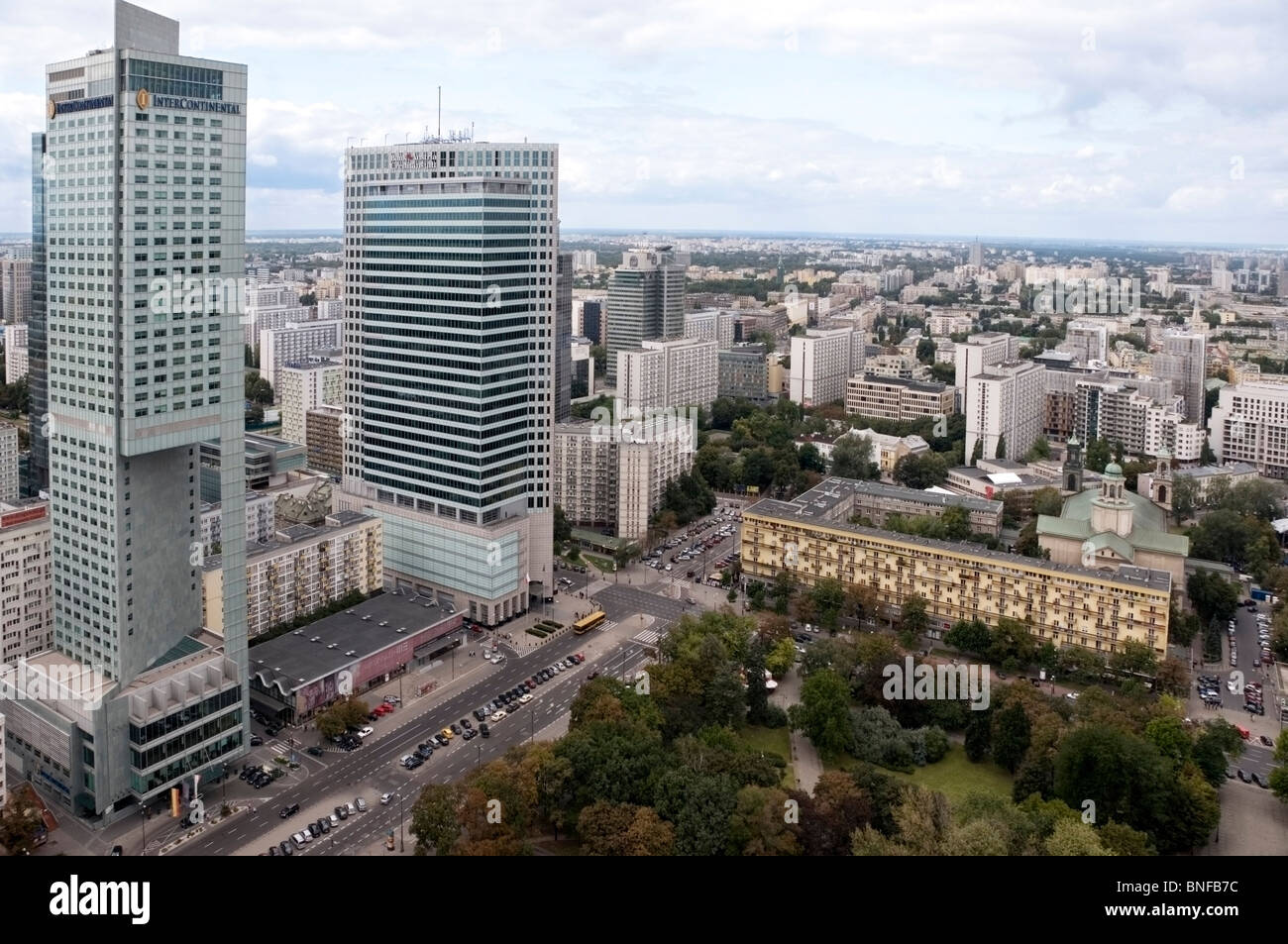 Arial view of Intercontinental Hotel and residential Central city of Warsaw properties, Poland, EU Stock Photo