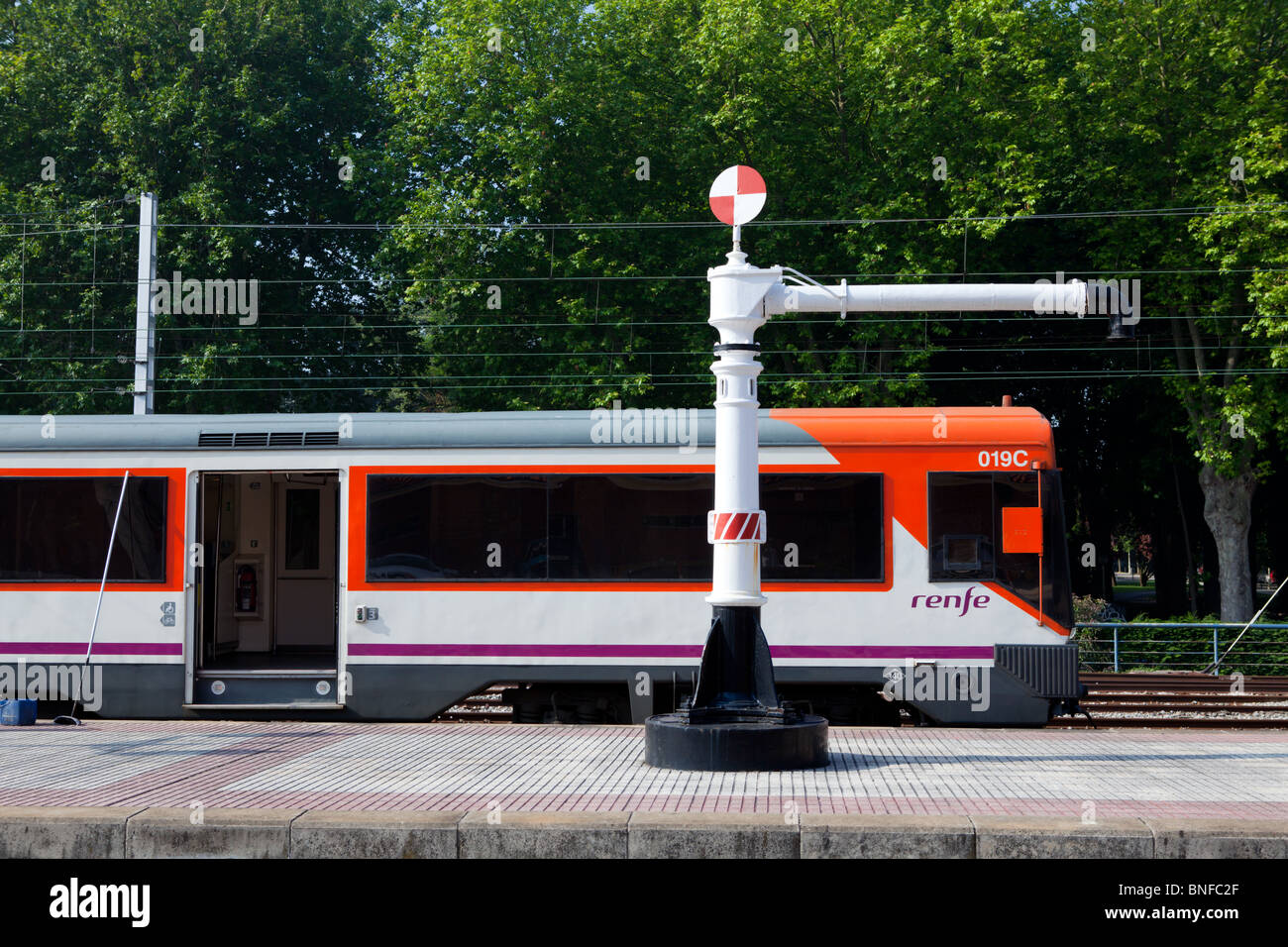 A RENFE commuter train at Vitoria-Gasteiz railway station,  capital of the Basque region in Northern Spain Stock Photo