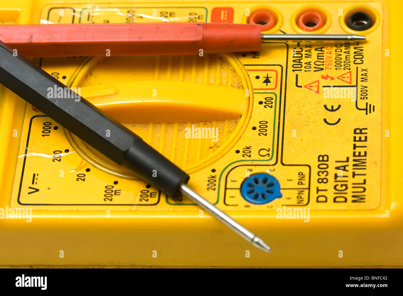 Yellow multimeter with testing needles Stock Photo Alamy