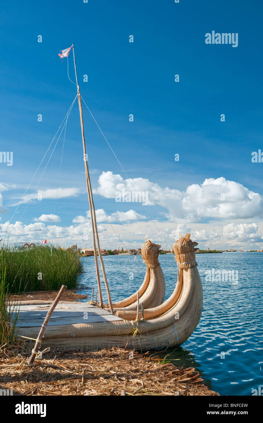 Two reed boats on Uros floating Islands in Lake Titicaca, Peru, South America. Stock Photo