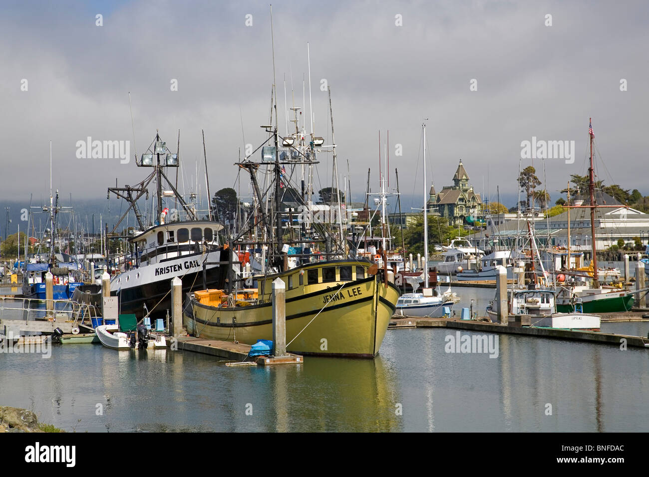 Fishing boats and yachts in the fishing boat harbor in Eureka, California. Stock Photo