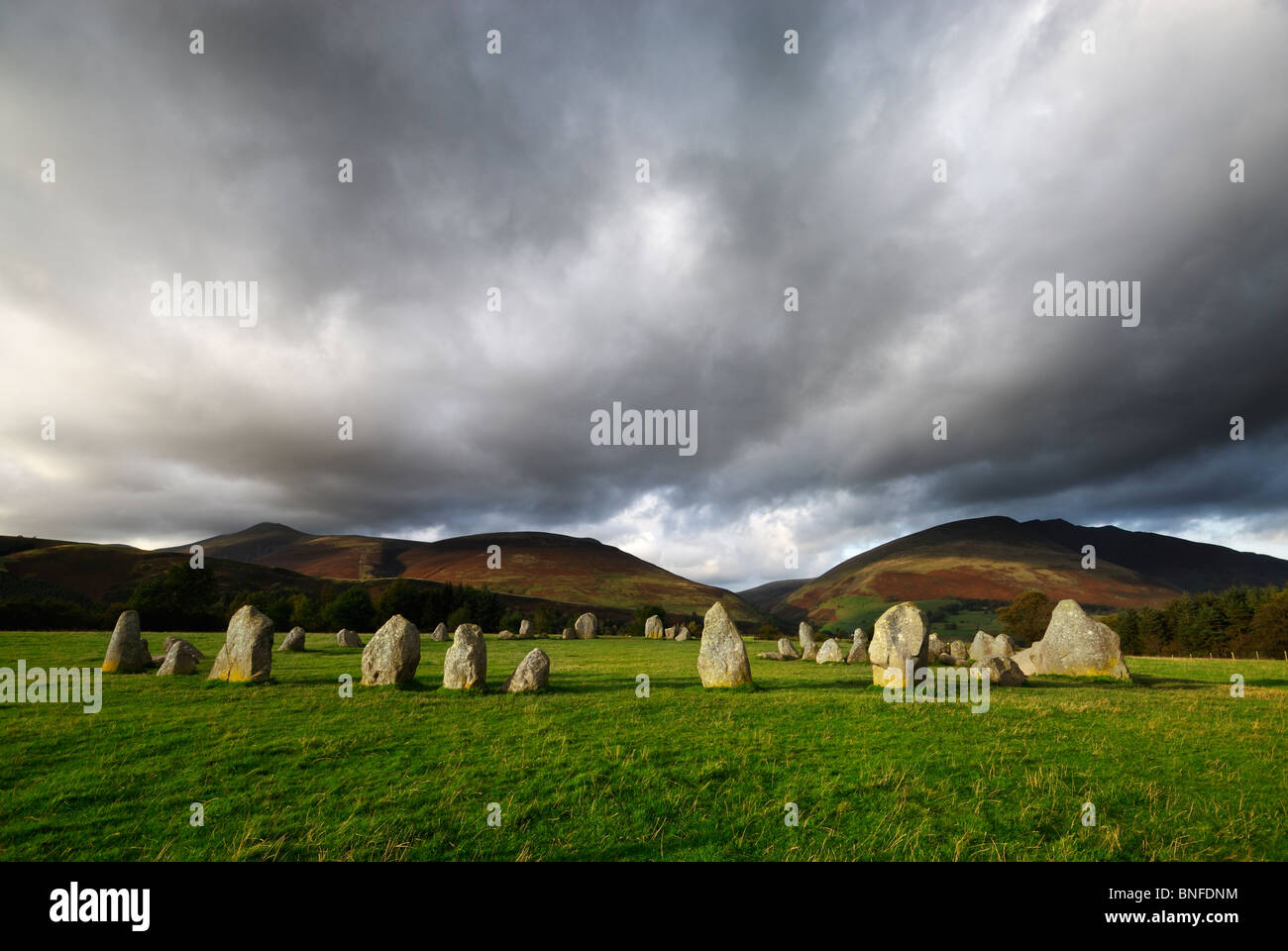 Castlerigg Stone Circle with cumbrian hills behind and dramatic clouds. Stock Photo