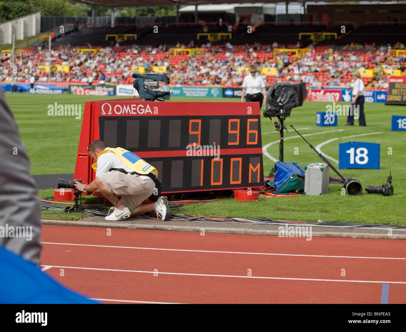 A photographer removing the camera after taking photos of the 100 meters for men at IAAF Diamond League in Gateshead 2010 Stock Photo