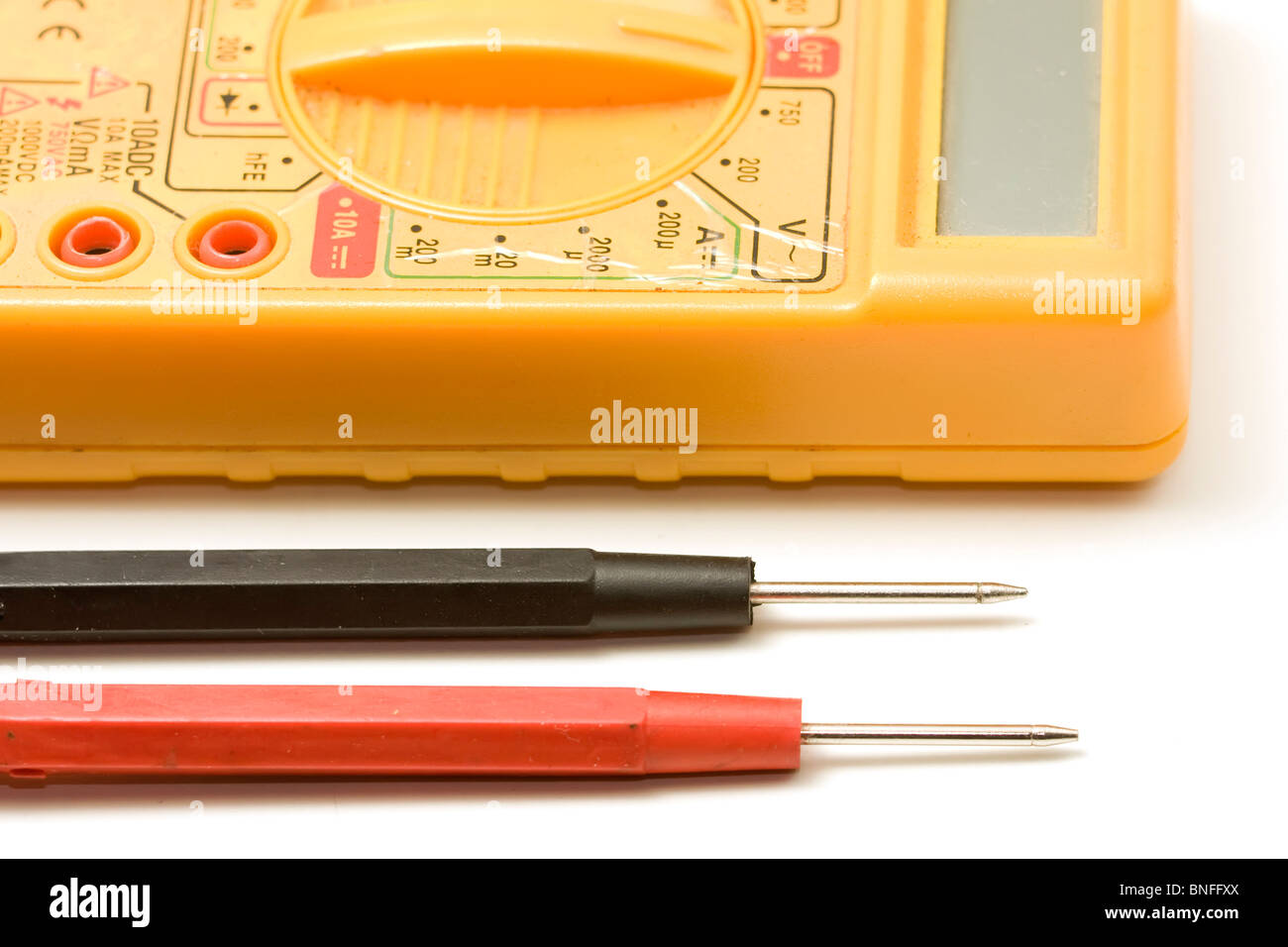 Yellow multimeter with testing needles Stock Photo Alamy