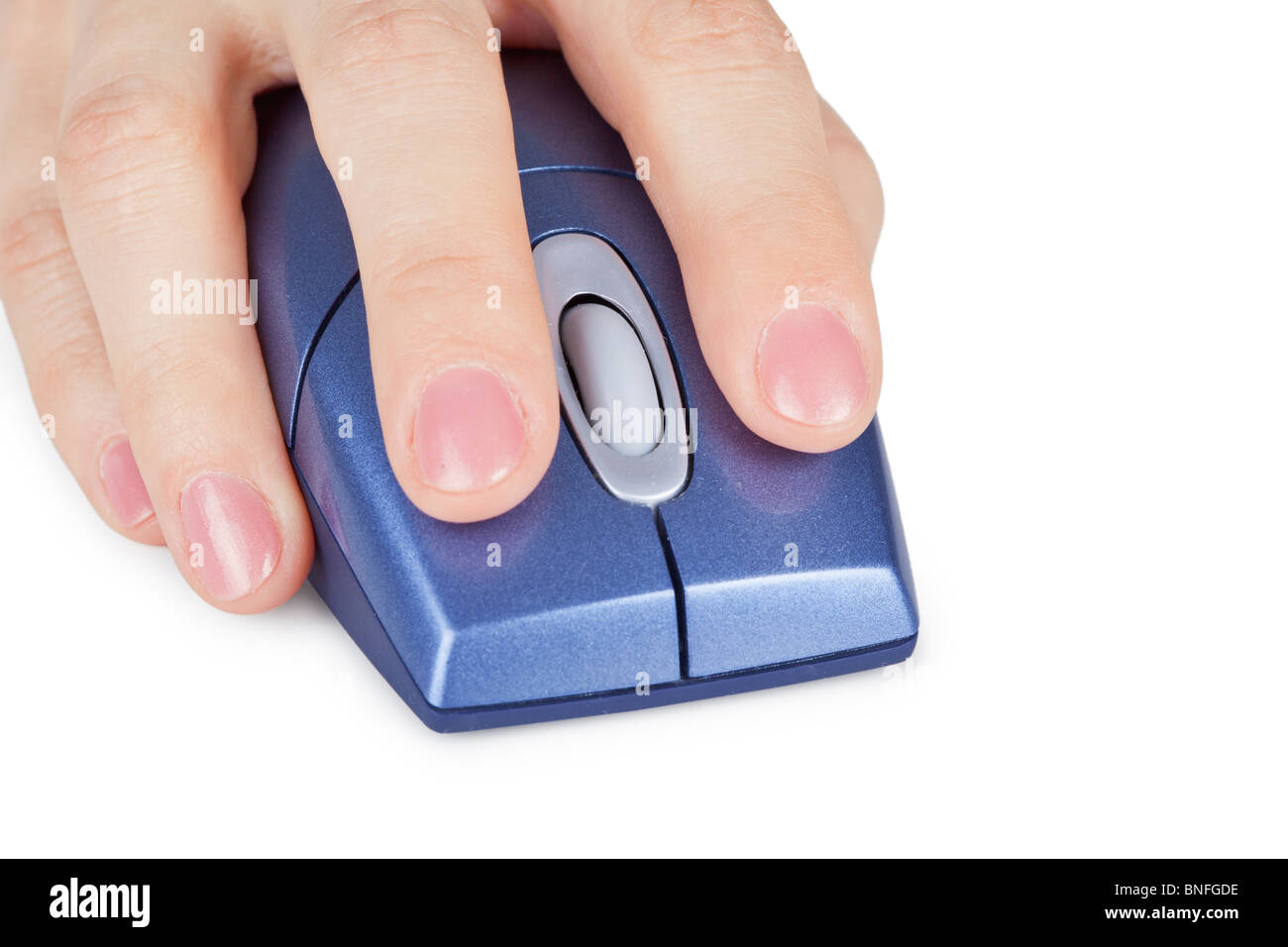 The hand holds the computer mouse close up on a white background Stock ...