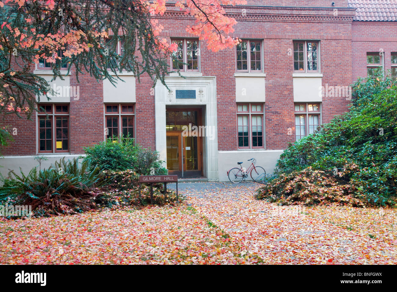Gilmore Hall with fall color and bike. Oregon State University Stock