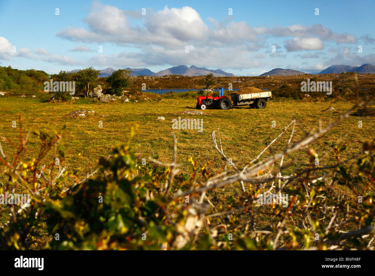 Hay cart and tractor in a field at Inverbeg Lough,Connemara national park,Co Galway, western Ireland, Eire. Stock Photo