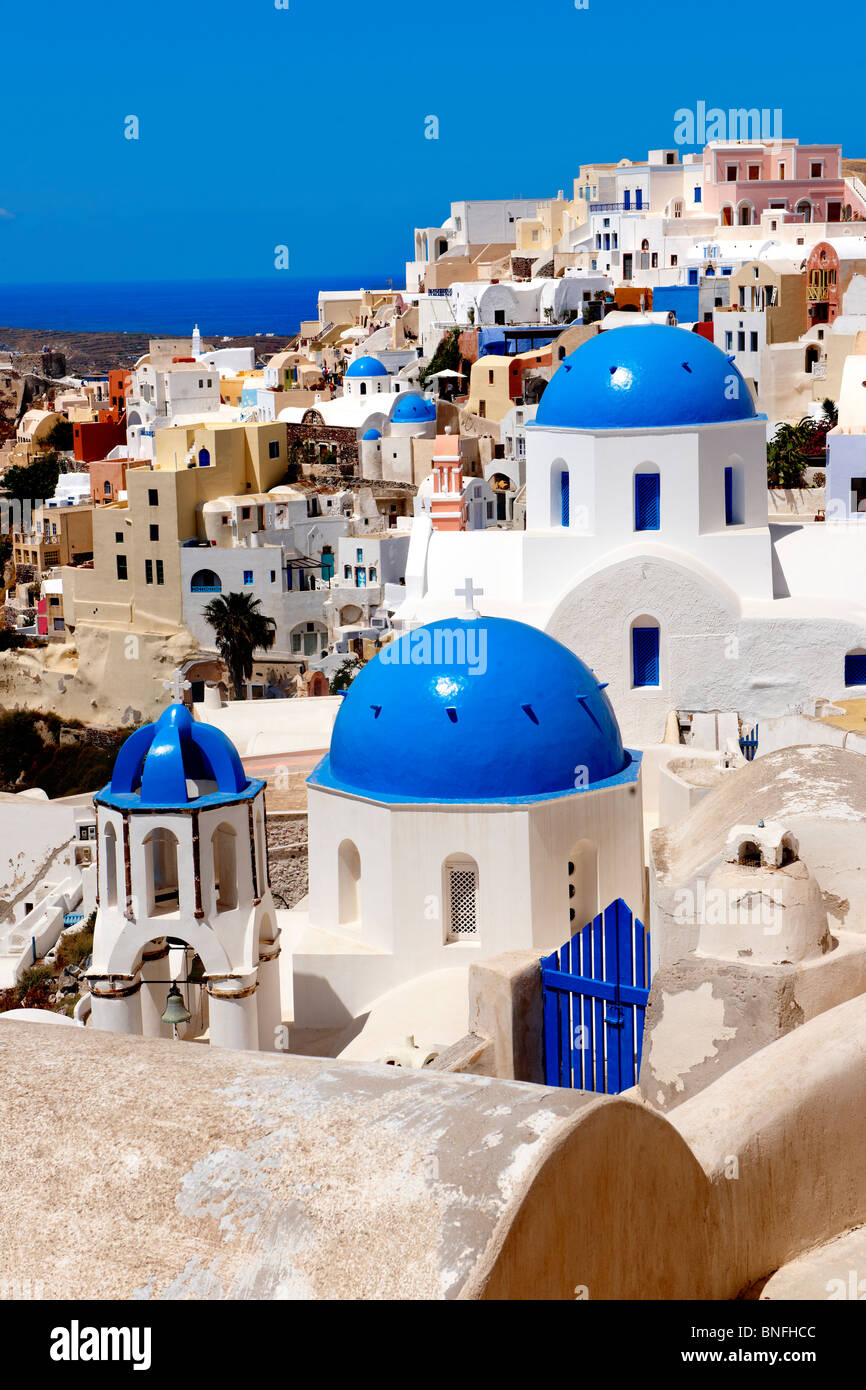 Typical traditional blue domed church of Oia, Santorini ( Thira ...