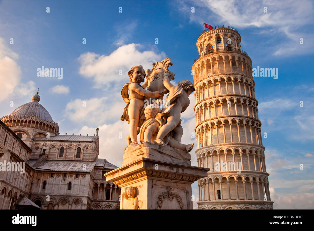 Cherub statue, duomo and the leaning tower, Pisa Tuscany Italy Stock Photo