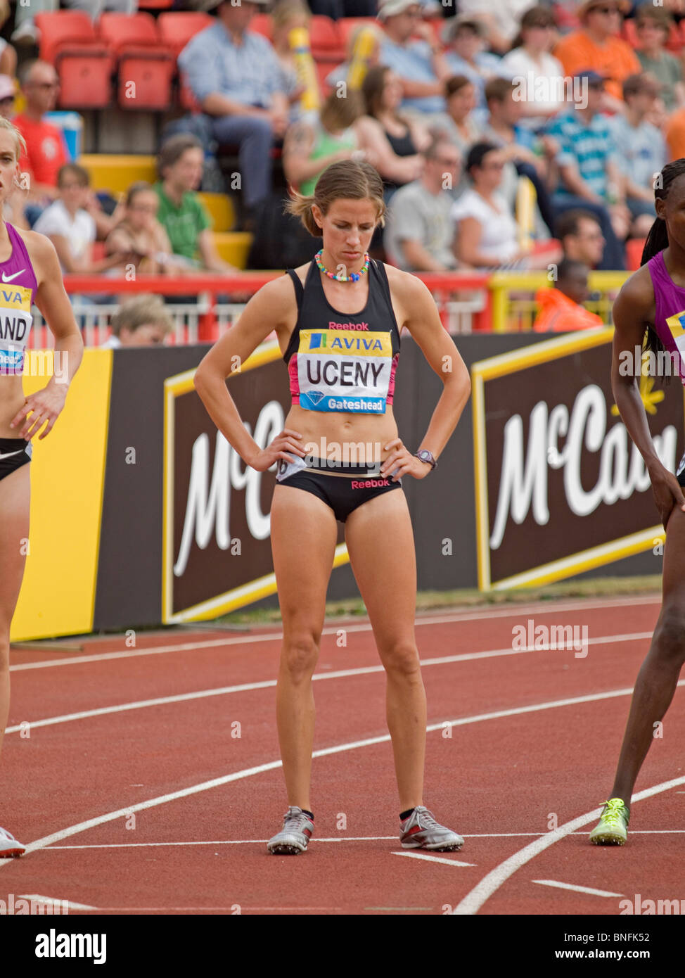 Morgan Uceny preparing for womens 1500meters in IAAF Diamond League in Gateshead 2010 Stock Photo