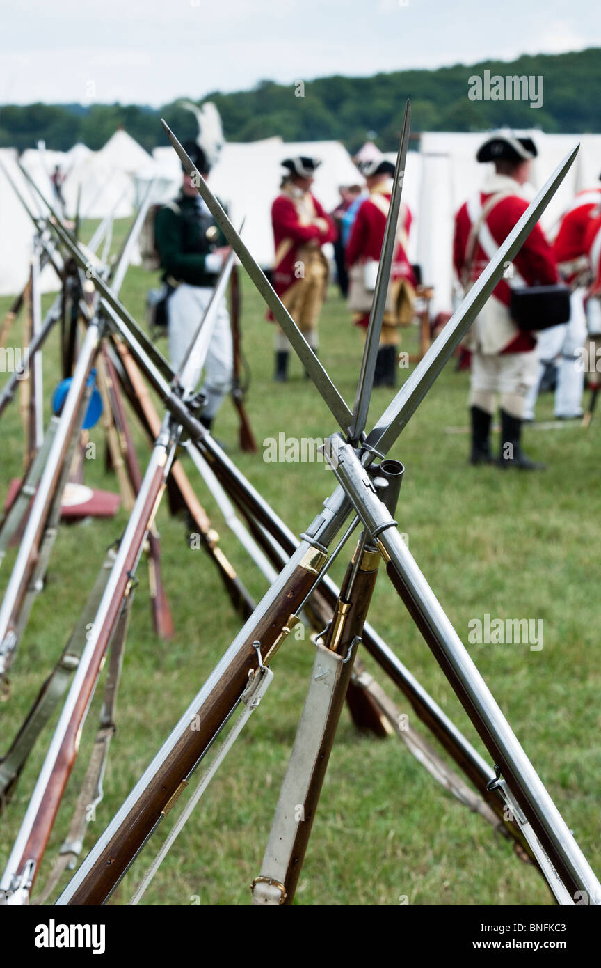 Brown Bess musket Grice 1762. British-army guns in an encampment. Historical re-enactment Stock Photo