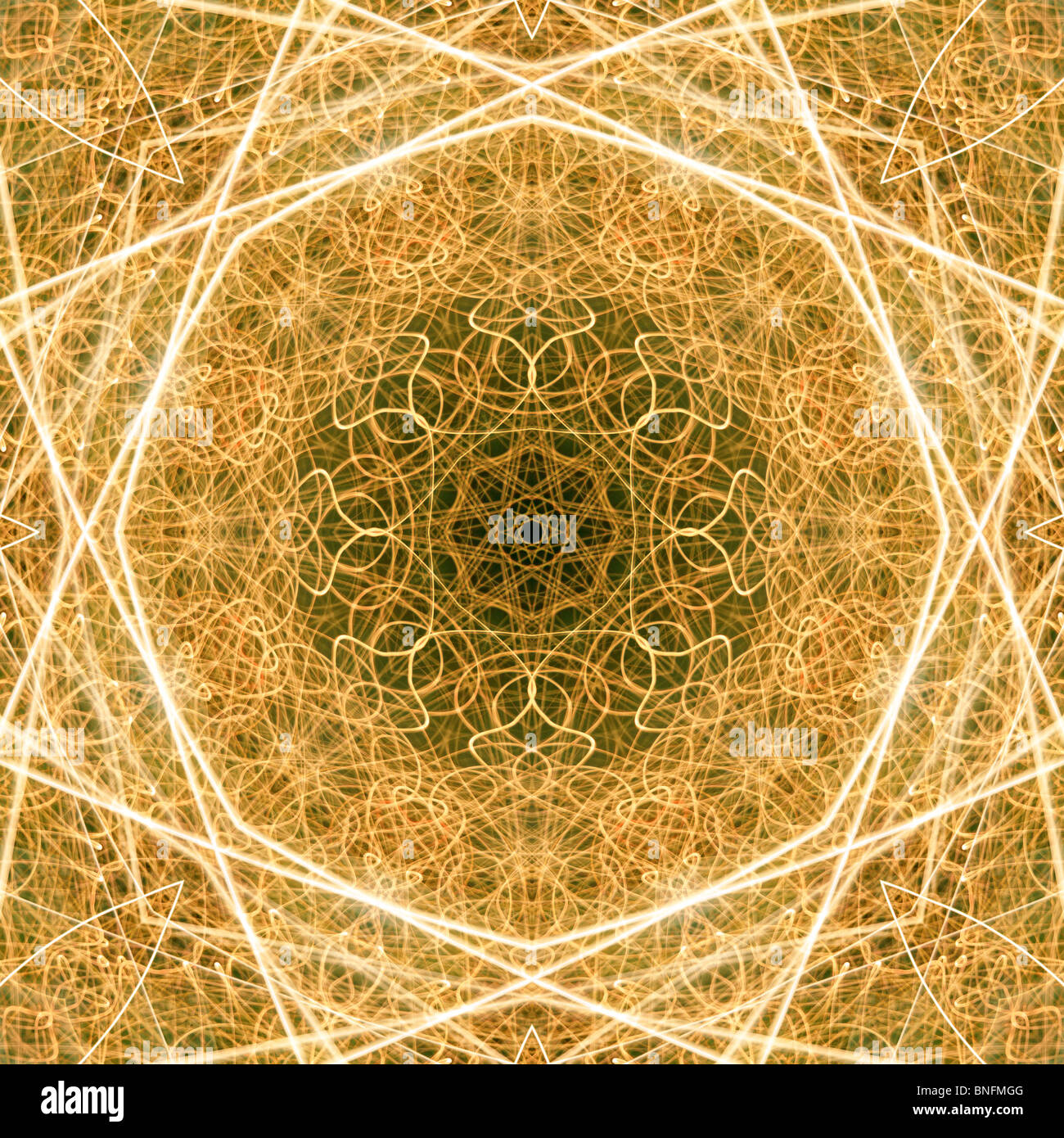 Seamless symmetric golden lines background texture of an intricate pattern. Stock Photo