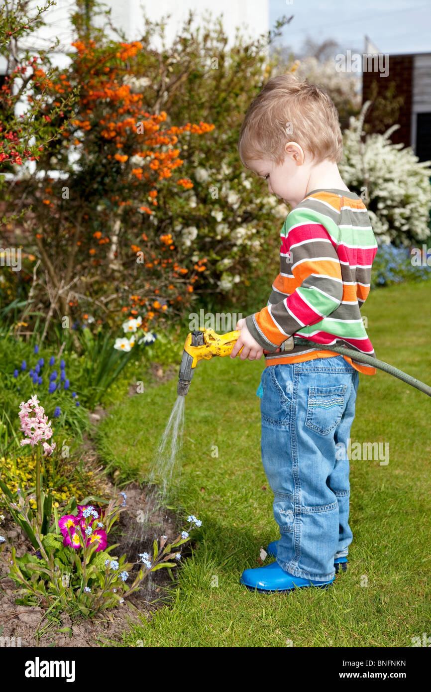 Young boy watering the flowers in the garden Stock Photo - Alamy