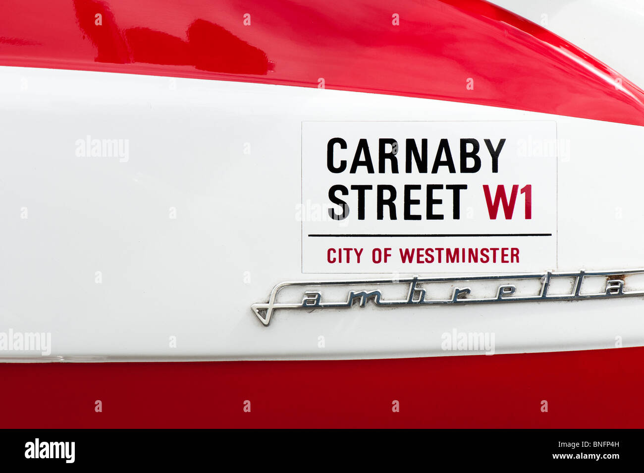 Lambretta scooter side panel with a Carnaby Street W1 logo sticker Stock Photo