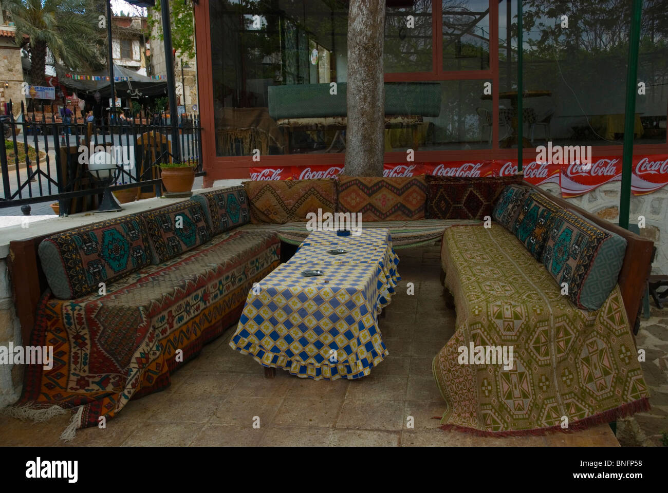 Empty table at kafe bar Kaleici the old quarter Antalya Mediterranean coast Turkey Asia Stock Photo