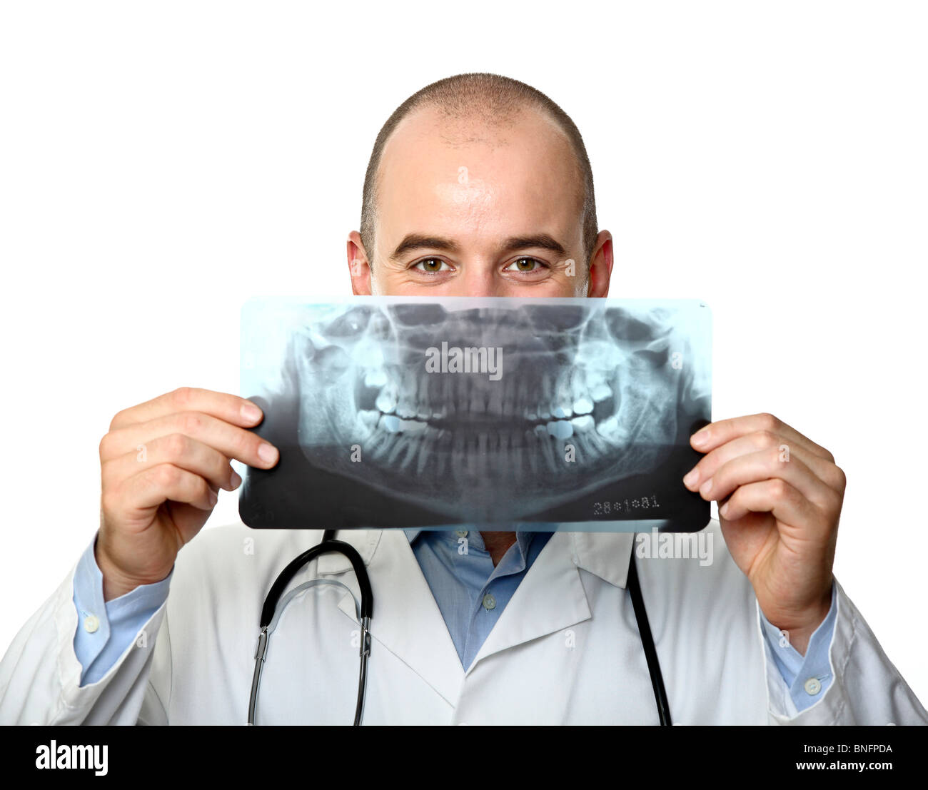 funny young caucasian doctor and xray joke Stock Photo