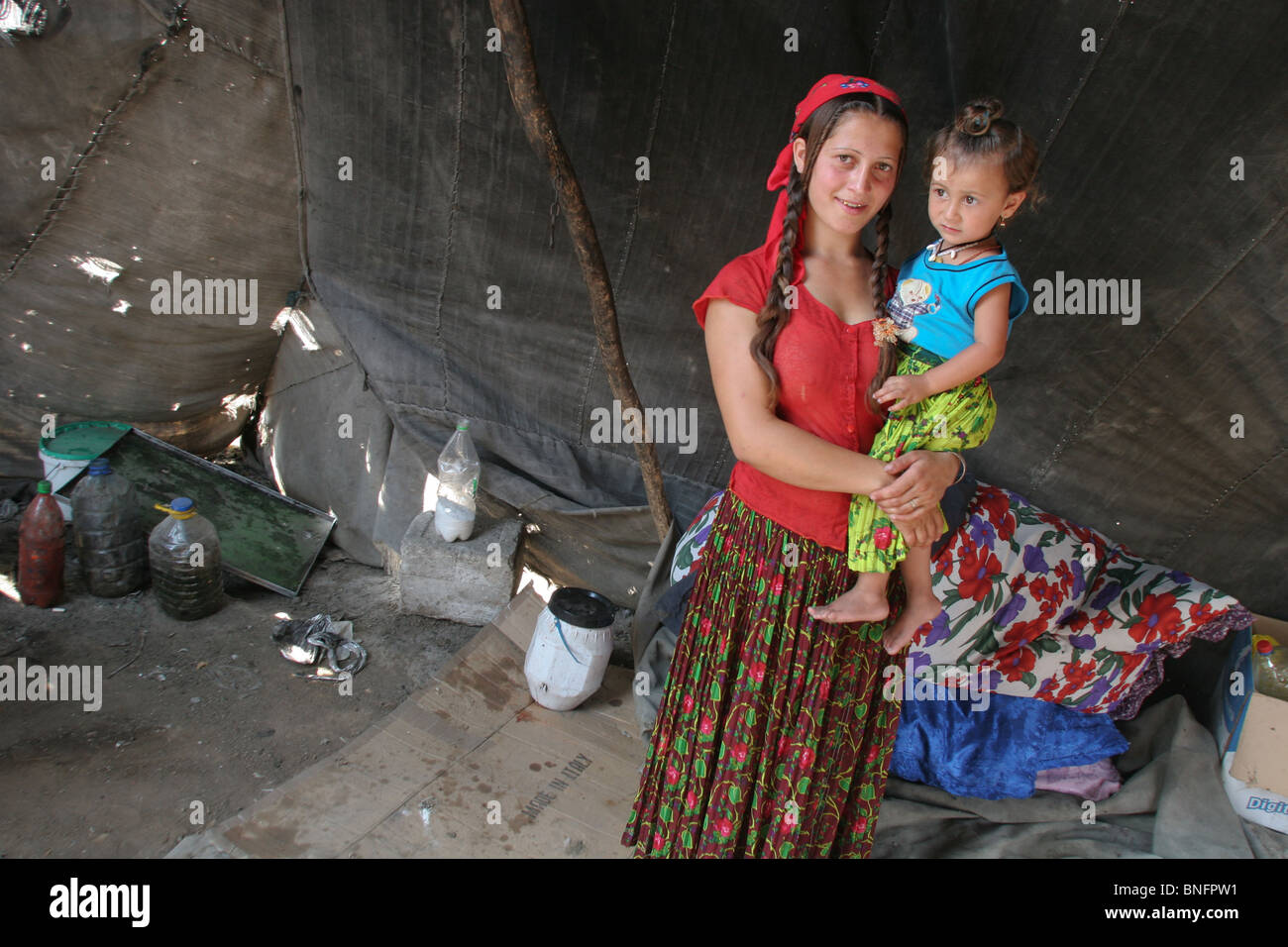 Romanian gypsies in their camp, near Bucharest, Romania Stock Photo