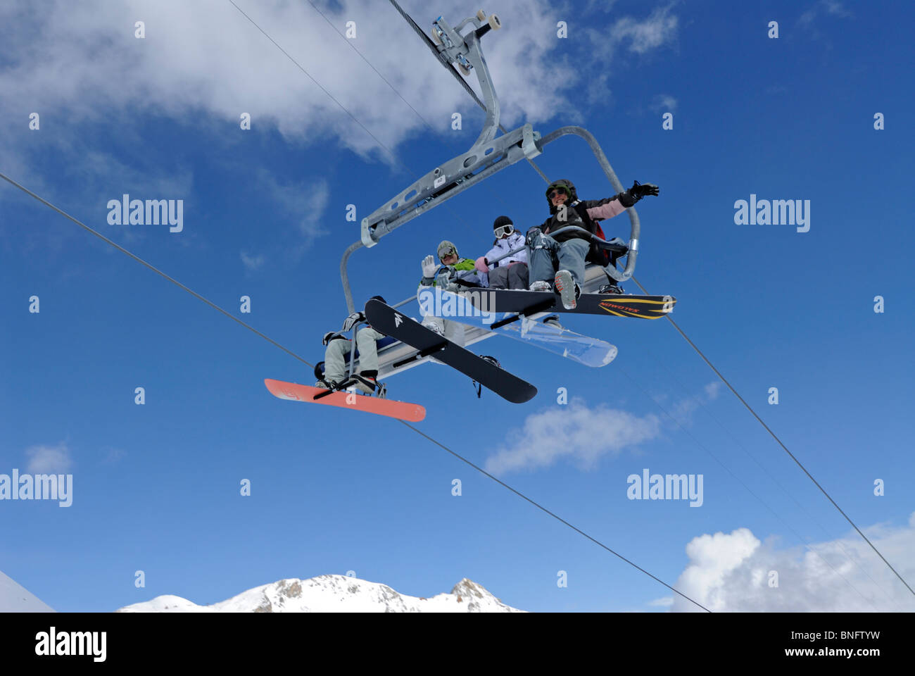 Skiers on gondola at Tsarva in Grimentz, Swiss Alps, Switzerland, Europe Stock Photo
