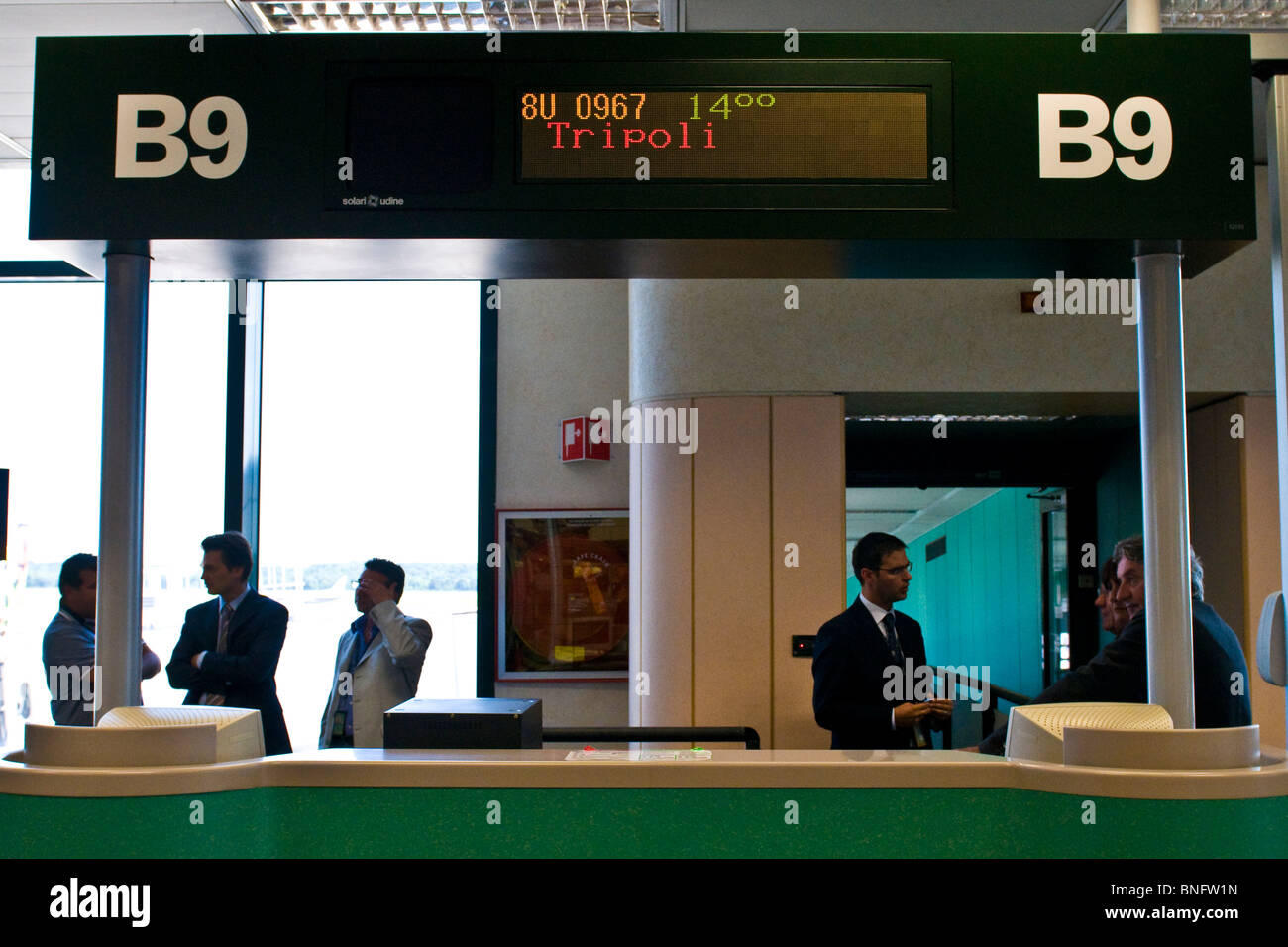 Gate, Presentation flight Milan Tripoli, Afriqiyah Airways, Malpensa, Milan, Italy Stock Photo