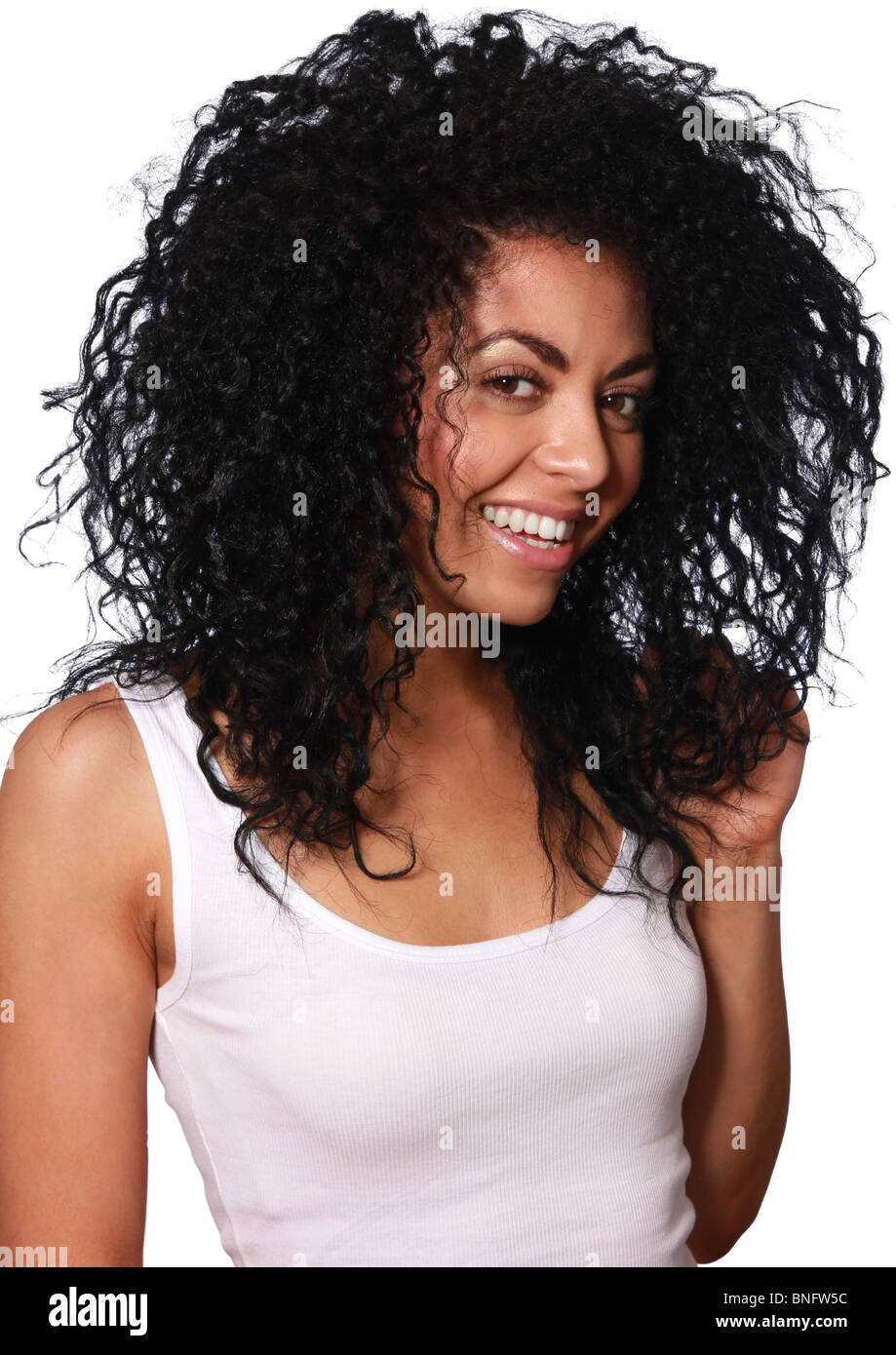 Happy Young Mixed Race Woman With Black Curly Hair Stock Photo