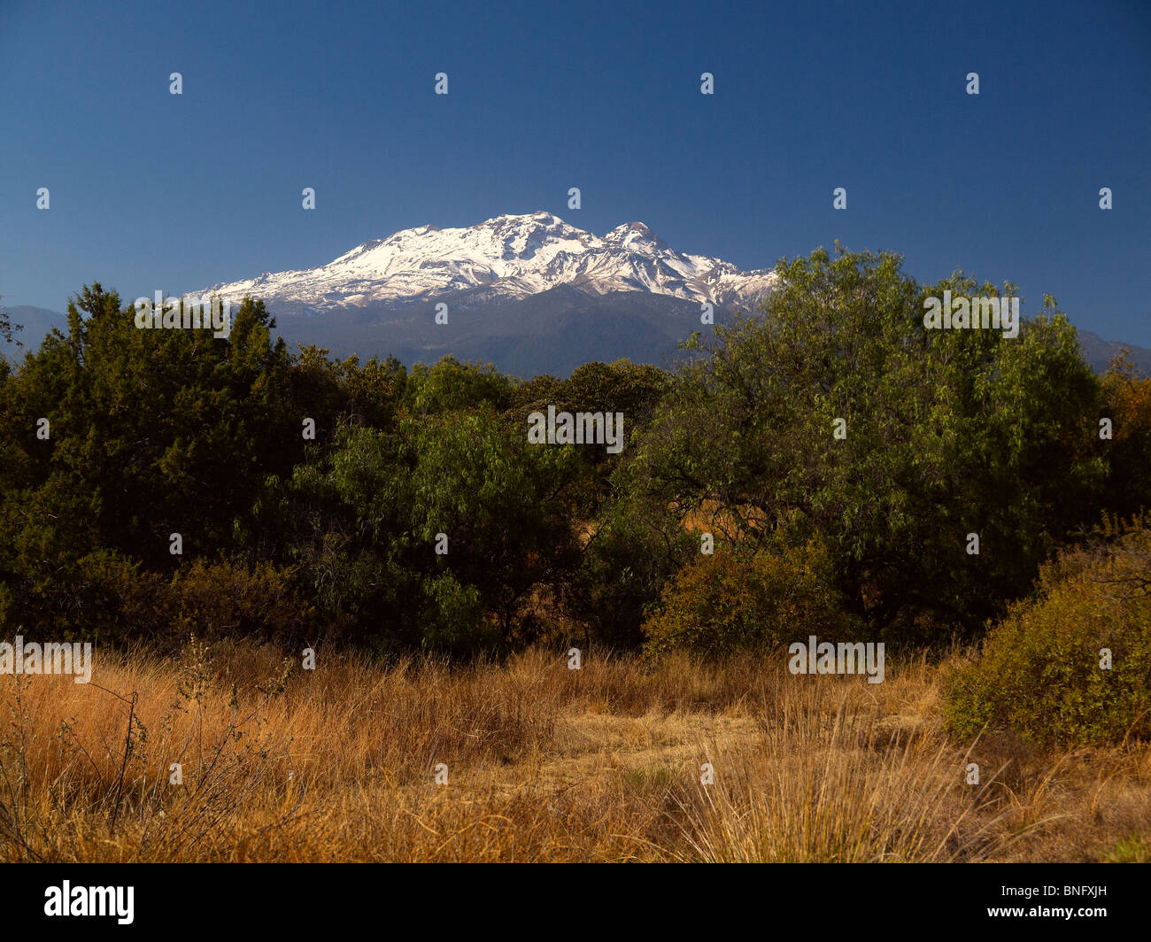 View of snow-capped volcano Iztaccíhuatl in Mexico during the dry season Stock Photo