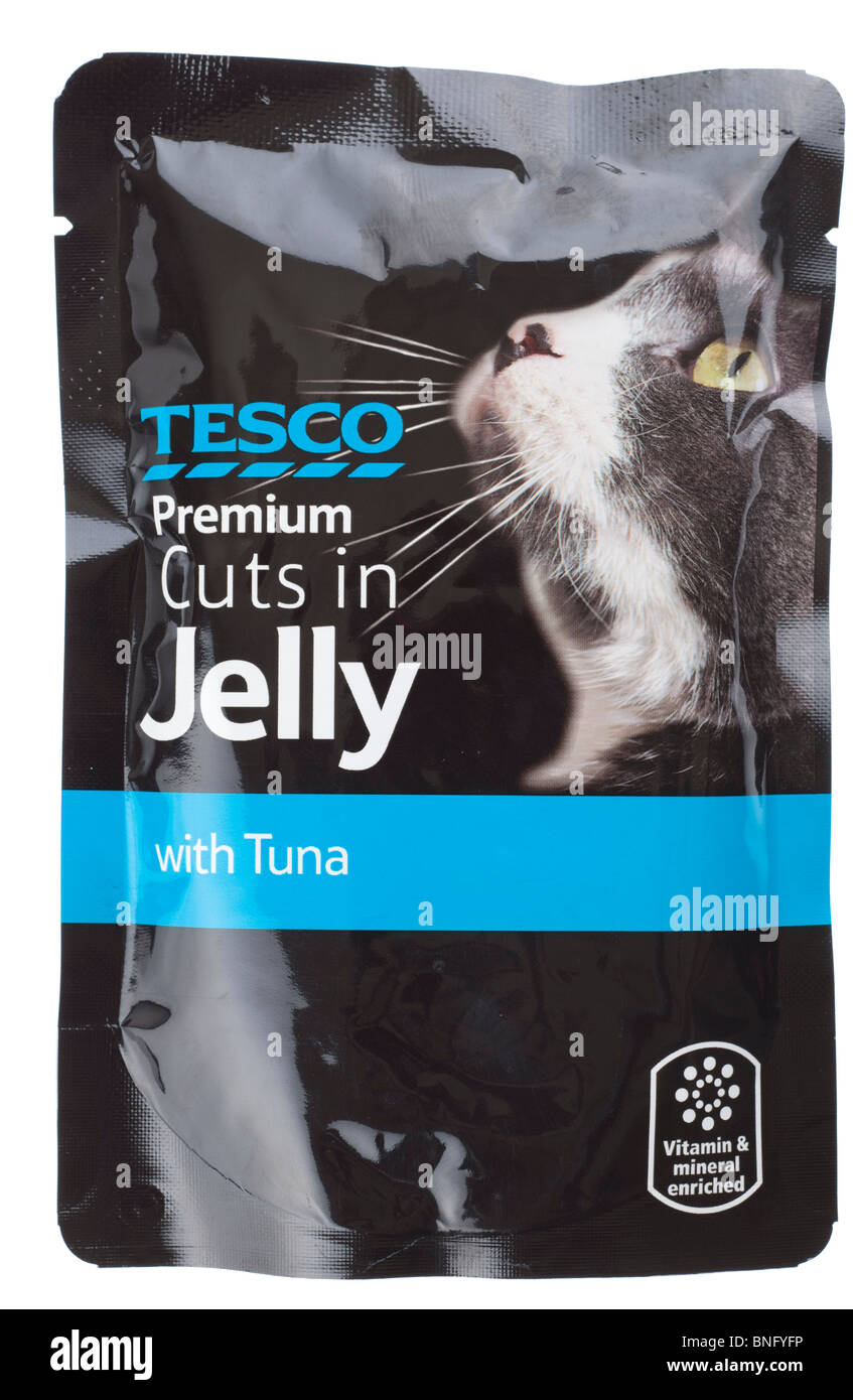 Packet of Tesco premium meat cuts in jelly with added tuna Stock Photo