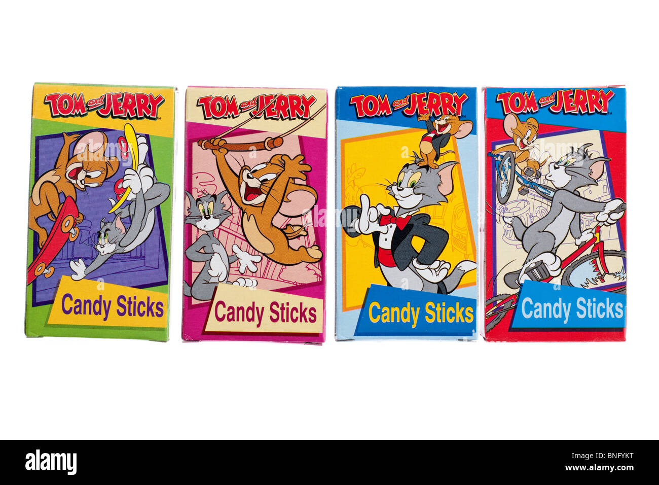 Four packets of Tom and Jerry sweet candy sticks Stock Photo
