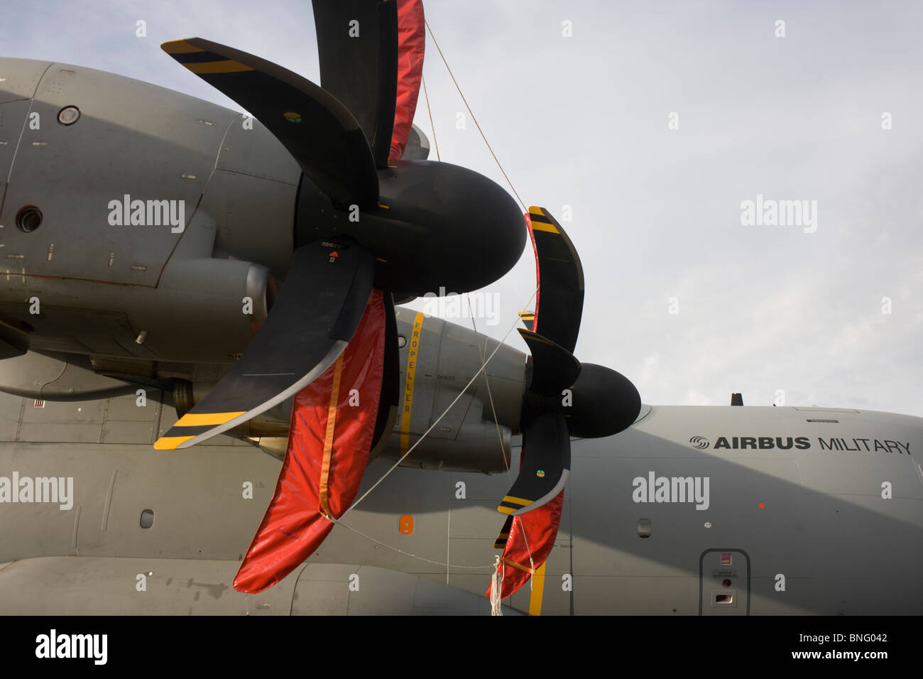 State-of-the-art propellers on the Airbus A400M at the Farnborough Airshow. Stock Photo