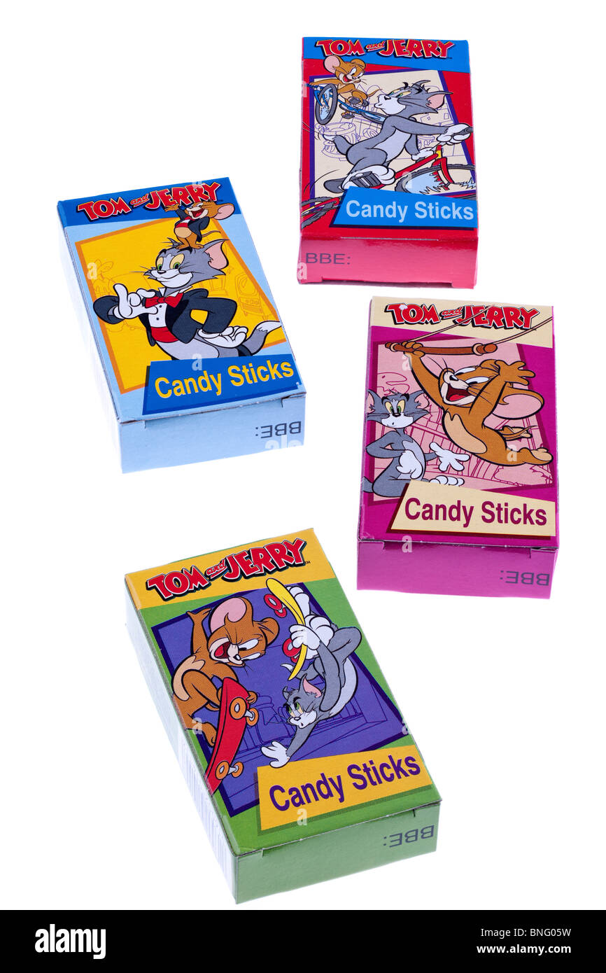 Four packets of Tom and Jerry sweet candy sticks Stock Photo