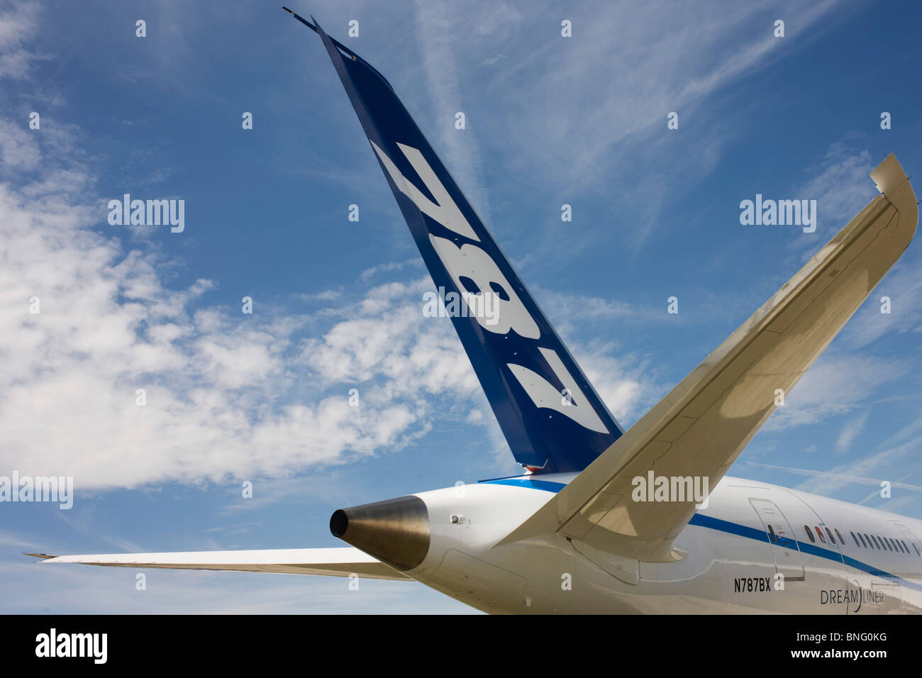 Wide view of Boeing's 787 Dreamliner tail and fins at the Farnborough Airshow. Stock Photo