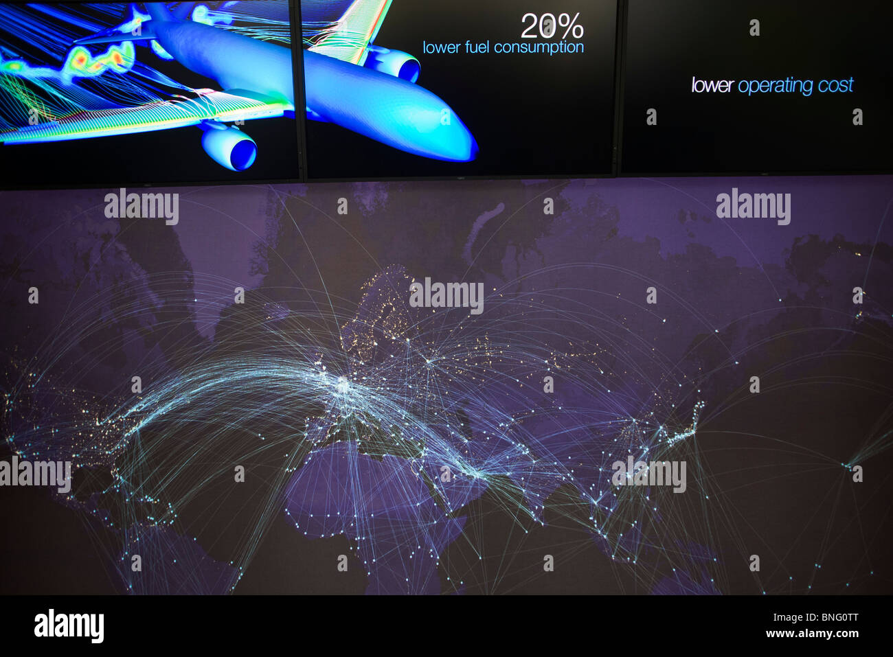 Boeing corporate global map and economy consumption statistics in Farnborough Airshow chalet Stock Photo