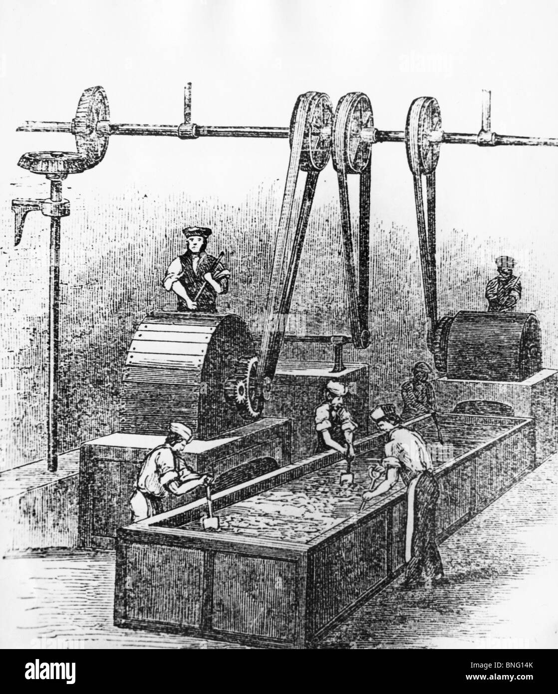 Rubber Manufacture in the 1850's, Boiling & Teasing of the Gutta-Percha by unknown artist, print Stock Photo