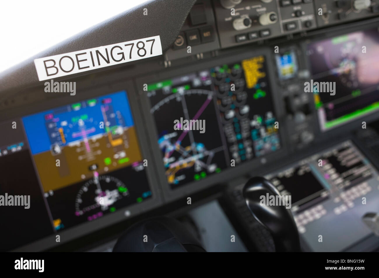 Glass cockpit LCD screens in new Boeing 787 Dreamliner Stock Photo
