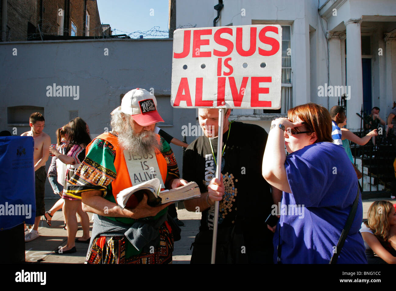 ' Jesus is Alive' theorist spreading the message during Notting Hill Carnival, London, UK Stock Photo