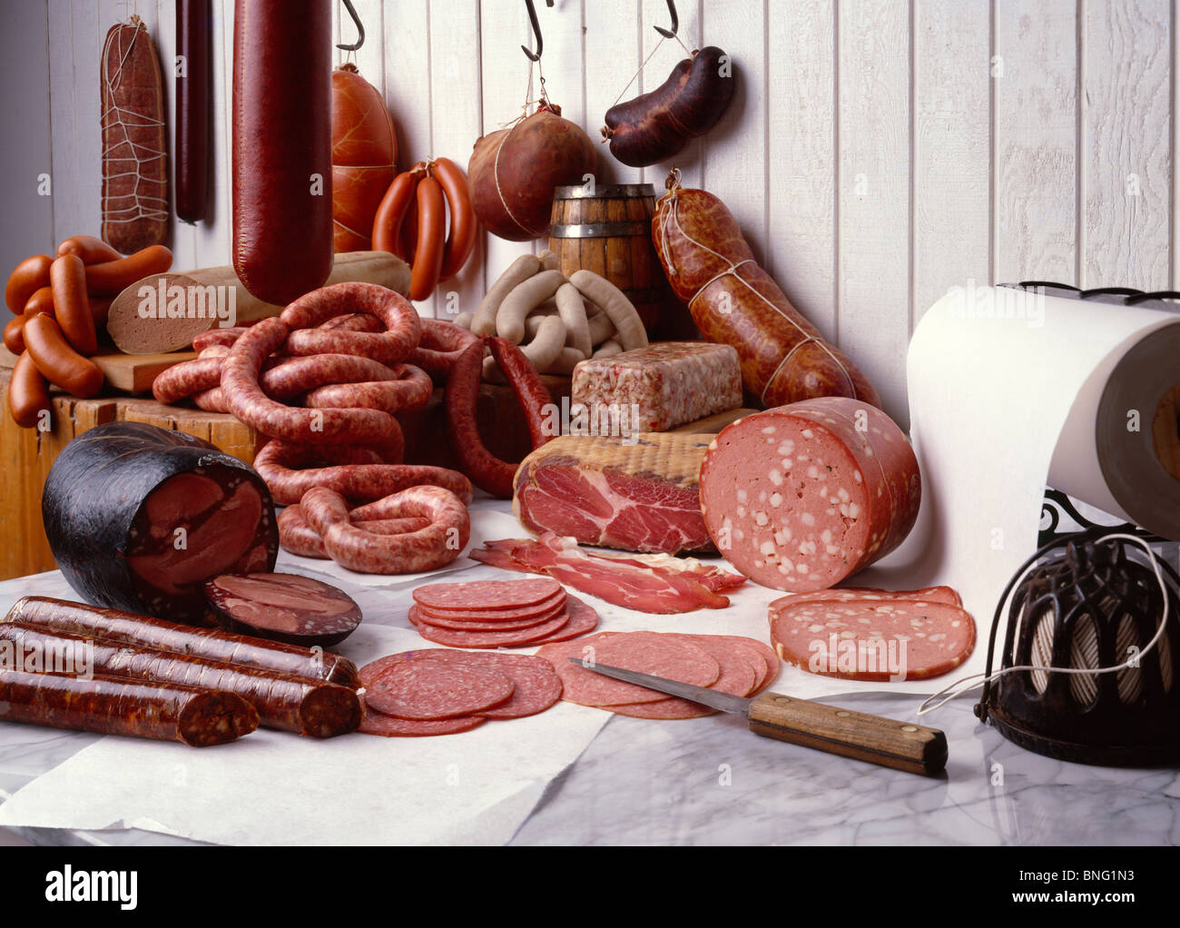 Meats on old-fashioned butcher's shop Stock Photo