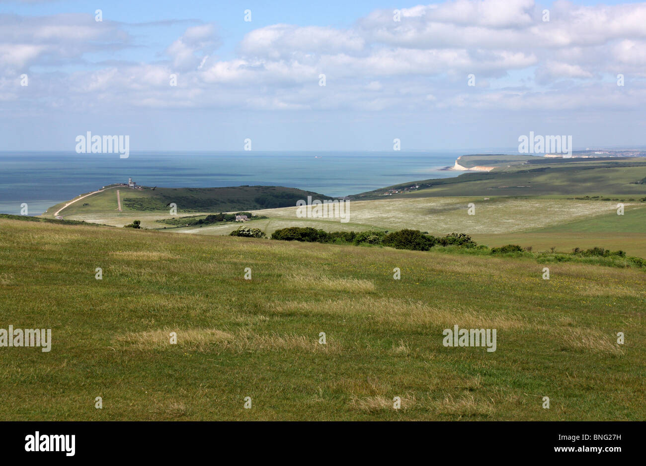 Landscape/seascape near Beachy Head, Sussex, UK. A quiet and peaceful place where no animals or people could be found. The sea was like a millpool. Stock Photo