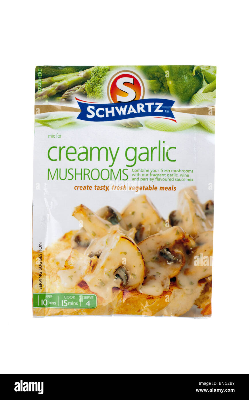 Packet of Schwartz creamy garlic mushrooms sauce mix Stock Photo Alamy