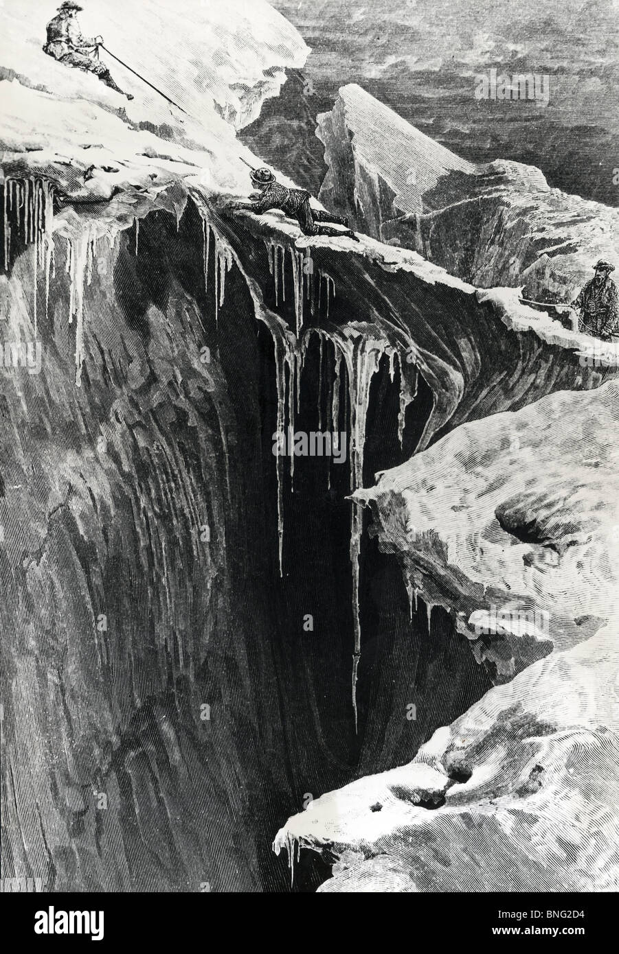 Dangerous Enterprise, Climbing Over a Crevasse by unknown artist, 1856 Stock Photo
