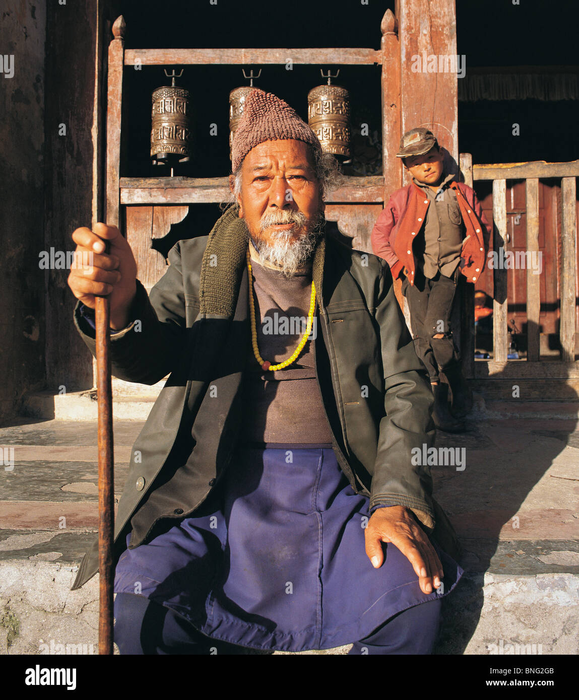 The guardian of the village shrine or gompa at Tarke Gyang in the Helambu region of central Nepal Stock Photo