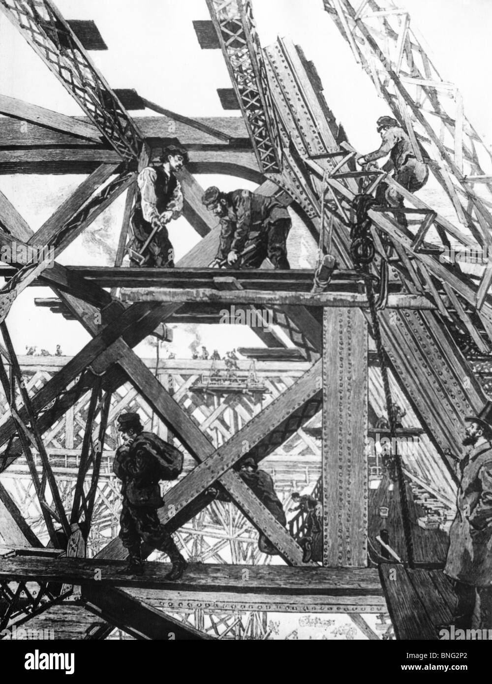 Construction Under Progress: Tower for the Paris Exhibition by unknown artist, 1889 Stock Photo