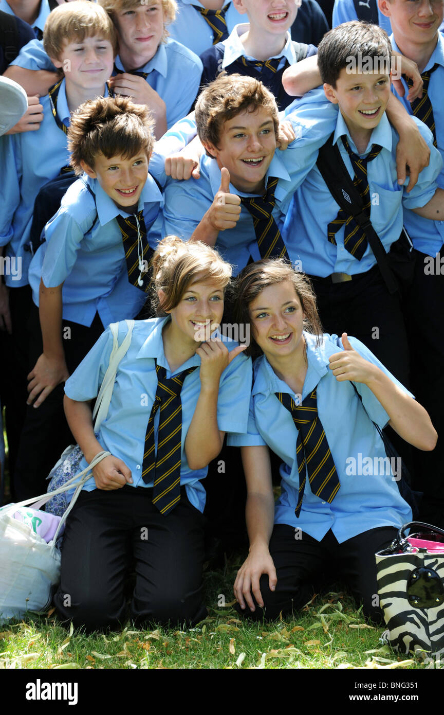Happy smiling school pupils at William Brookes School in Much Wenlock. Stock Photo