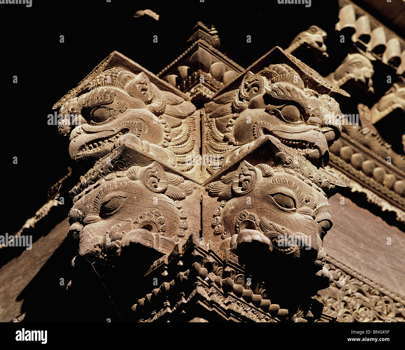 16th century Newari woodcarvings on the former Royal Palace in Patan in the Kathmandu valley of Nepal Stock Photo