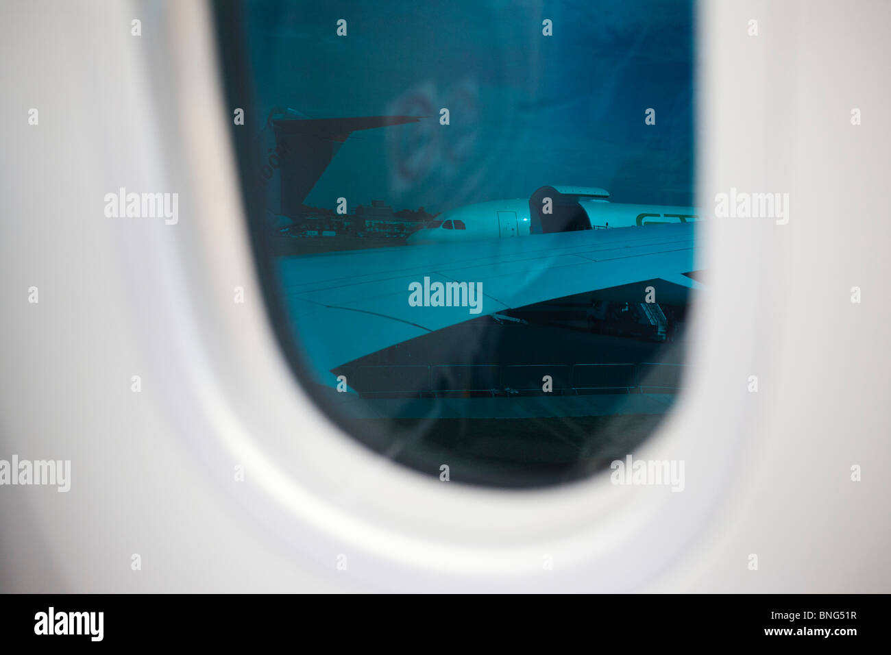 Tinted windows on the Boeing-manufactured 787 Dreamliner (N787BX) at the Farnborough Airshow. Stock Photo
