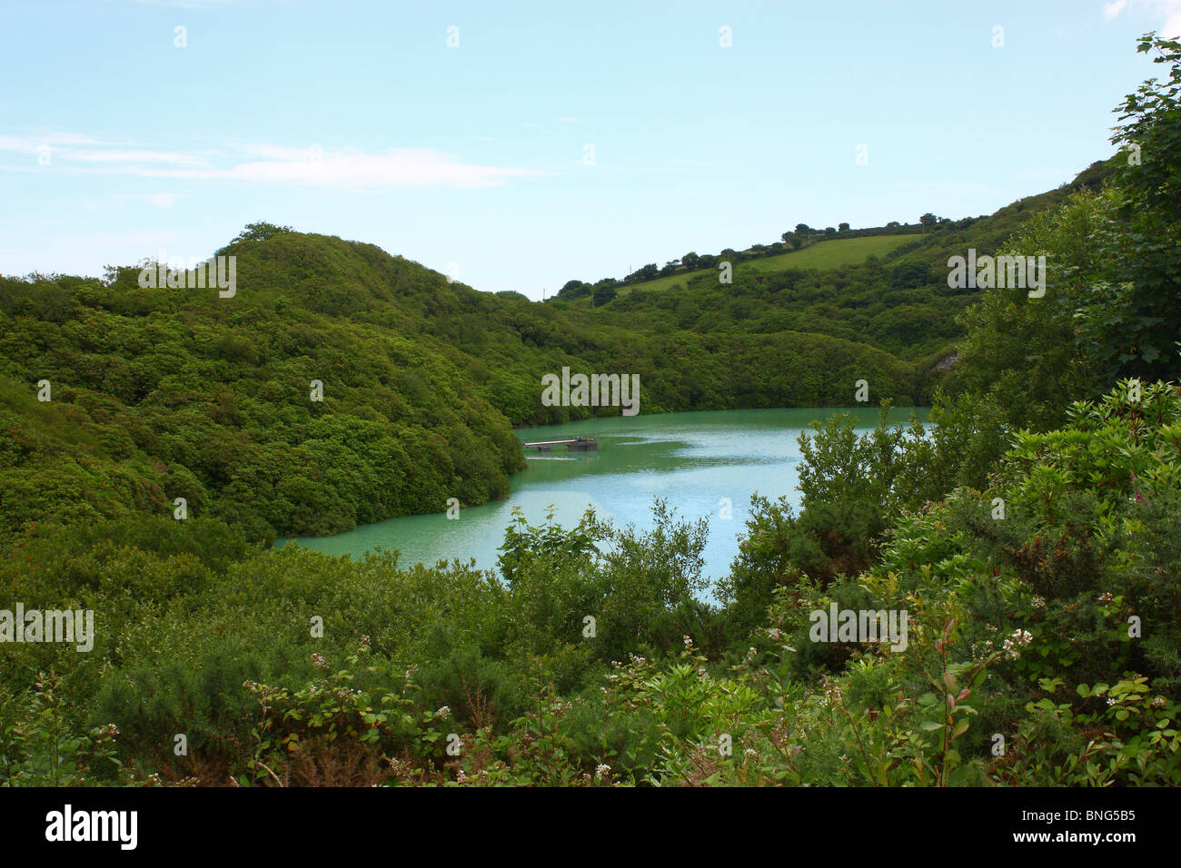 A flooded China Clay pit in the clay bearing area around St Austell in Cornwall. The pit is called Lansalson. Stock Photo