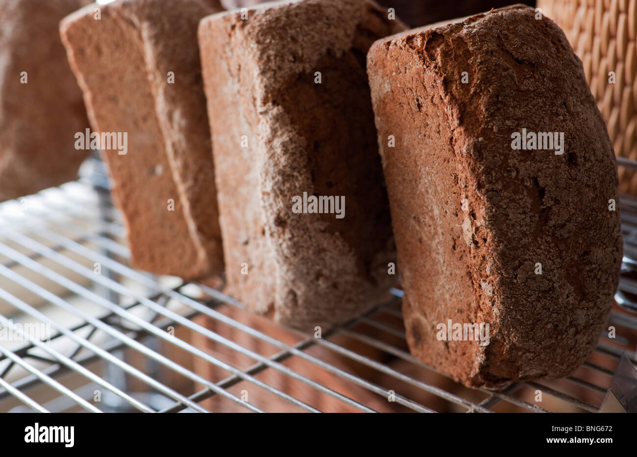 Loaves of freshly baked rye bread for sale at the Pan Chancho Bakery